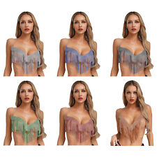 Women Vest Sparkle Clubwear Rhinestones Top Dance V-Neck Tassel Outfit Rave Y2k