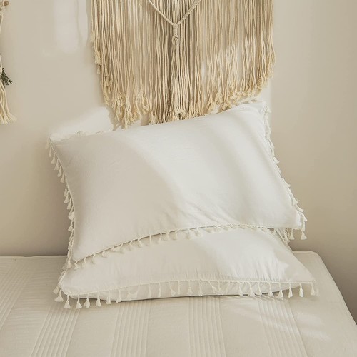 100% Cotton Tassel Duvet Cover- 5 Piece Boho White Tufted Bedding Comforter Set - Picture 11 of 41