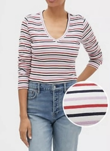 GAP Long Sleeve V Neck T Shirt Favorite Women`s Tee Top Striped NWT - Picture 2 of 8