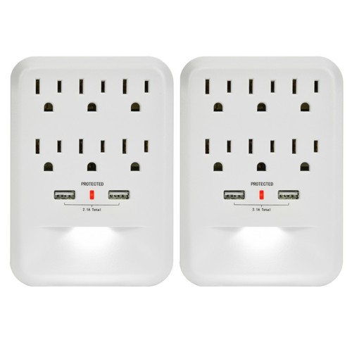 CP (paquete de 2) 6 salidas 600 julios grifo de pared con 2 USB-A y luz nocturna, CP30005 - Imagen 1 de 10