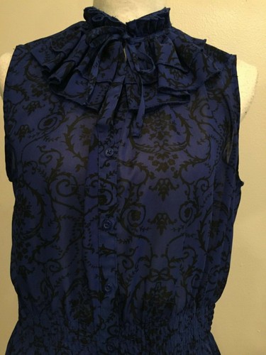 George Ruffle Blouse, Small, Blue/black sleeveless button-down, elastic waist - Picture 7 of 9