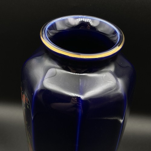 "Florero japonés Kutani azul oscuro pavo real floral detalles dorados mediados de siglo moderno 11""" - Imagen 5 de 8