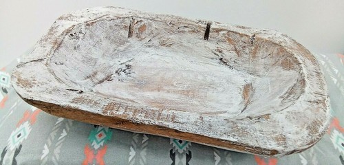 Wood Treen Dough Bowl Tray Dish Whitewashed Carved Rustic Distressed 9.25" New