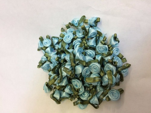 SMALL MINI SATIN RIBBON ROSE BUDS FLOWERS WITH SATIN GREEN LEAVES APPLIQUE CRAFT - Picture 32 of 45