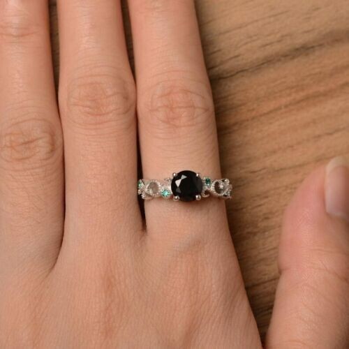 Round Cut Lab-Created 2.00Ct Black Spinel Engagement Ring 14K White Gold Plated - Picture 3 of 12