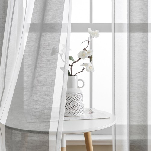 Rustic Stripe Sheer Curtain Window Drapes Panels Farmhouse Decor Grommet Top - Picture 44 of 47