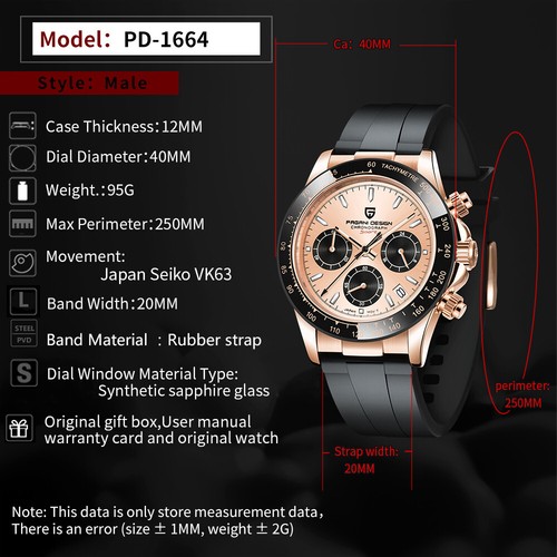40mm PAGANI DESIGN Rose golde dial full Chronograph VK63 Quartz Mens Wrist Watch - Picture 2 of 6