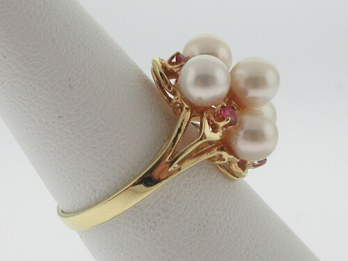 Cultured Pearls Red Rubies Solid 18K Yellow Gold Ring FREE Sizing - Picture 5 of 5