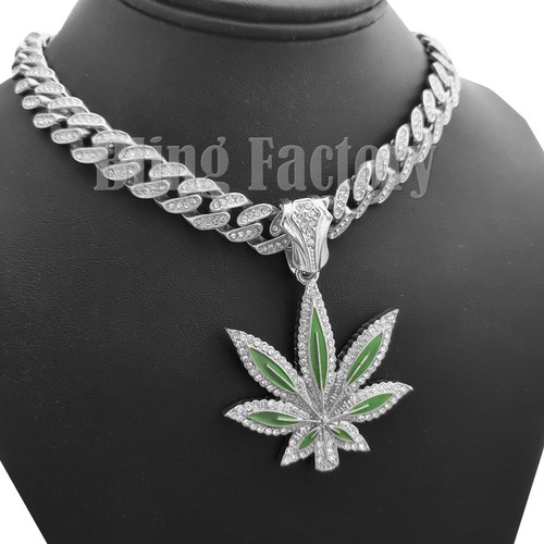Marijuana Leaf pendant & 18" Iced Box Lock Cuban Choker Chain Hip Hop Necklace - Picture 10 of 11