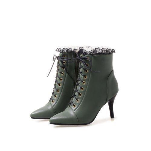 Mujeres Cremallera Lateral Botines Zapatos de Fiesta Punta Punta Punta Punta Con Cordones Tacones de Gatito - Imagen 1 de 19