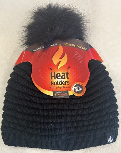 Women's Canned Ribbed Hat-Heat Holder with Pom Pom-Black-One Size- - Picture 4 of 11