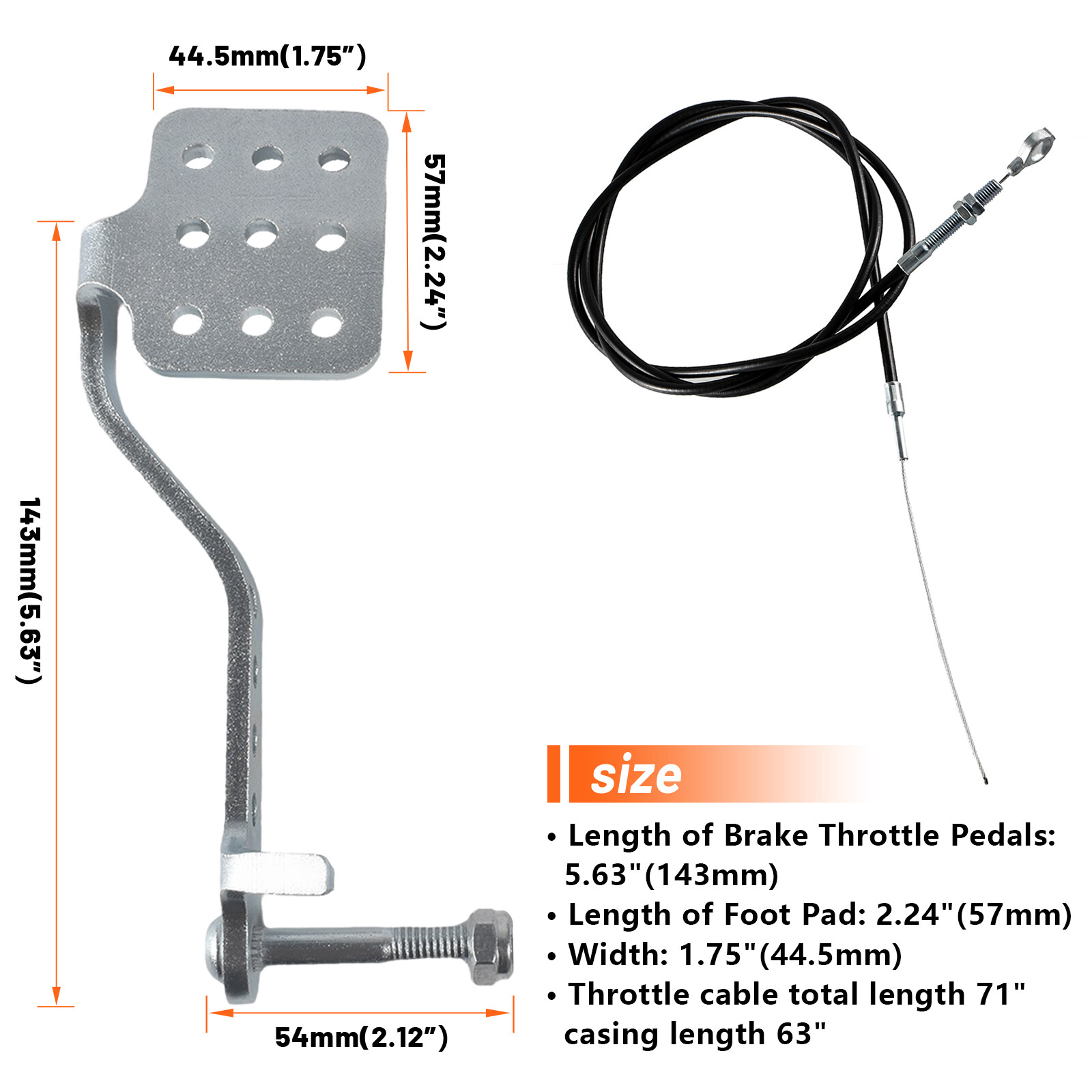 Go Kart Pedals Brake Pedal Kit Brake Pedal 71" Throttle Cable for 196cc 6.5hp