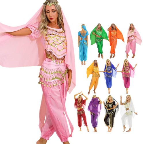 Womens 4Pcs India Belly Dance Outfits Halloween Arab Princess Cosplay Costume - Picture 4 of 77