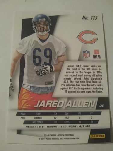 2014 JARED ALLEN PANINI PRIZM NFL CARD #113 CHICAGO BEARS KANSAS CITY CHIEFS KC - Bild 2 von 2