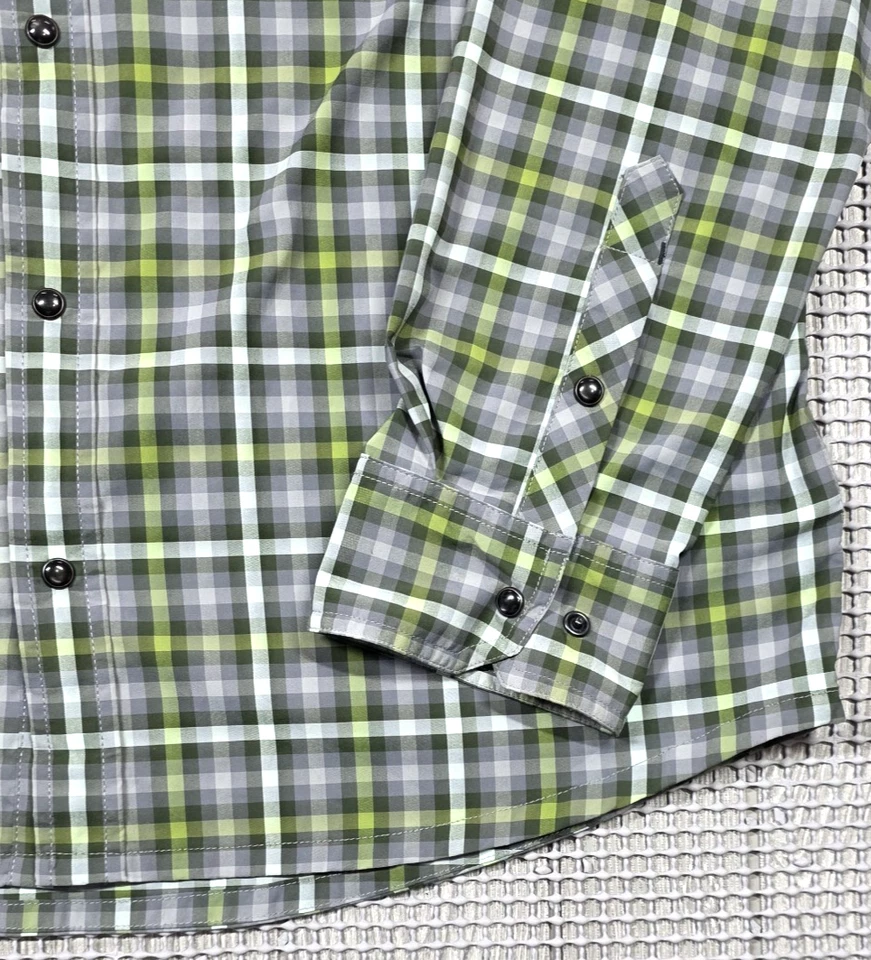 Camisa Stio Eddy Masculina L Verde Cinza Xadrez Western Preta Pérola Snaps UPF Western - Imagem 3 de 4
