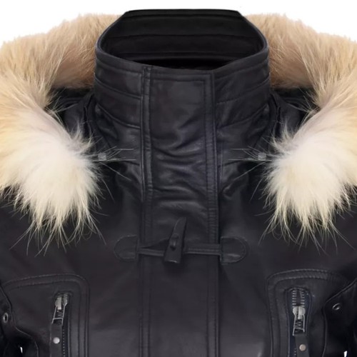 Women's Black Parka Leather Jacket Quilted Detachable Hooded Trench Jacket Coat - Picture 4 of 5