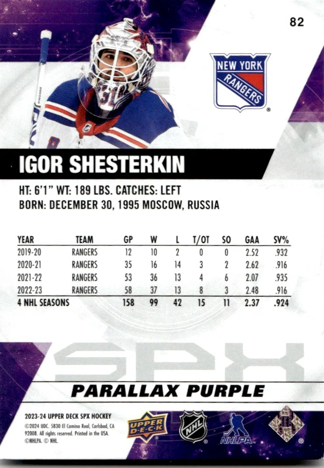2023-24 SPx Purple Parallax Igor Shesterkin /149 New York Rangers #82 - Image 2 of 2