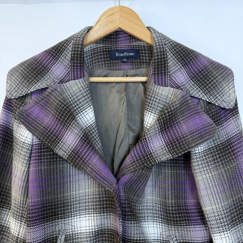 Abrigo Evan Picone Chaqueta Columpio a Cuadros Talla 12 Púrpura Gris Bolsillos Plisados Espalda Foto 3 de 4