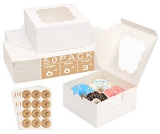 50 PCS 6x6x3 inch White Bakery Boxes with Window for Cookie Pie Pastry Treat