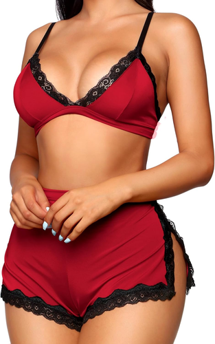 Damen Sexy Spitzenbesatz Pyjama Dessous Set | Weich 2-teilig Shorts Nachtwäsche Schlafanzug - Bild 16 von 16