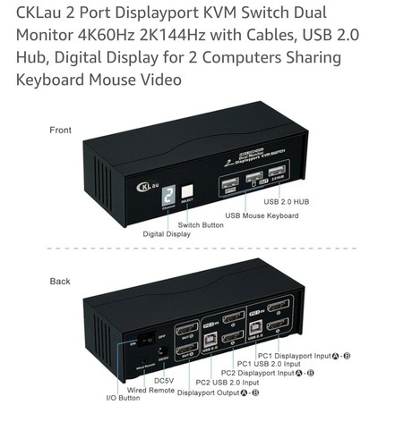 CKLau 2 Port Displayport KVM Switch Dual Monitor 4K60Hz 2K144Hz with Cables - Picture 4 of 12