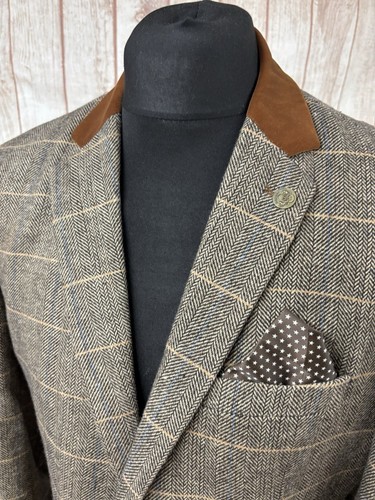 Marc Darcy DX7 2 Piece Tweed Suit Slim Tan 44 Jacket W38 W36 Velvet Elbow Patch - Picture 4 of 24