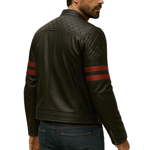 Lässige schwarze Herren Lederjacke mit roten Streifen - Slim Fit Café Racer Style - Bild 2 von 5