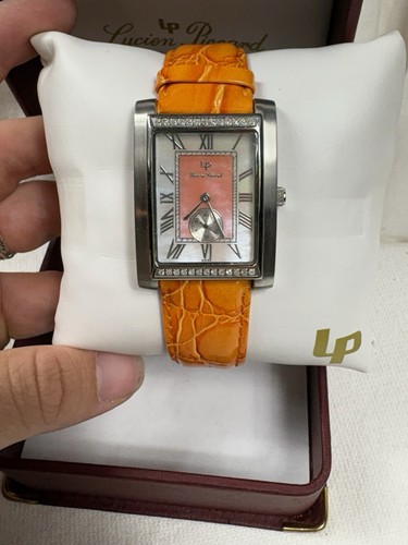 Lucien Piccard Swiss Womens Rectangular Watch Orange Leather Strap Diamond Bezel - Picture 2 of 19