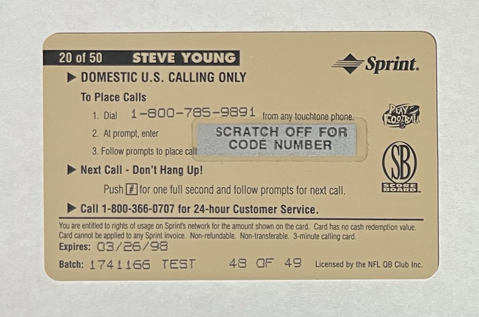 STEVE YOUNG 1996 Pro Line II INTENSE $3 Sprint TEST Phone Card #20 - 48 of 49 - Image 2 of 2