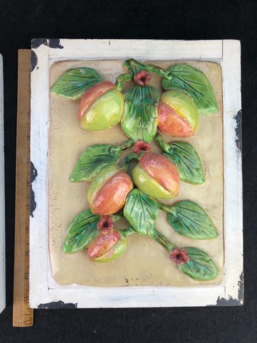 2 placas de frutas 3D vintage arte de pared peras y melocotones cerámica relieve 9x11 - Imagen 3 de 6