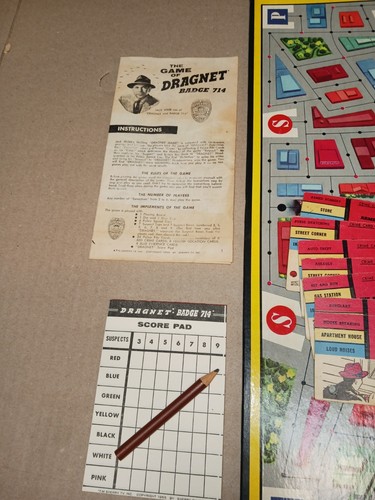 Vintage 1955 The Game of Dragnet & Badge 714 Board Game Transogram 100% Complete - Picture 4 of 14