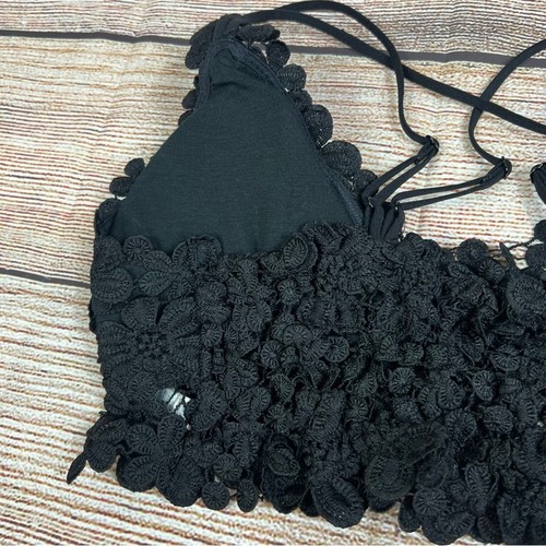 Pink Lily Black Floral Crochet Lace Bralette 100% Cotton Large Festival Cottage - Picture 7 of 10