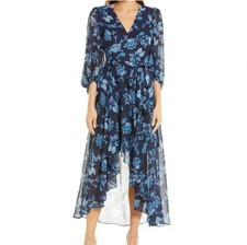 Eliza J. Floral V-Neck High-Low Puff Sleeve Maxi Dress Size 8