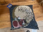 Christmas Pillow Tapestry Santa Sleigh Reindeer Double Sided Cover 14 x 14  NWT