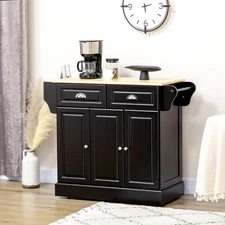 Kitchen Island with Rubber Wood Top Rolling Kitchen Serving Cart Black