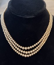 Vintage Mid Century Triple Strand Champagne Faux Pearl Choker, Bib Necklace,