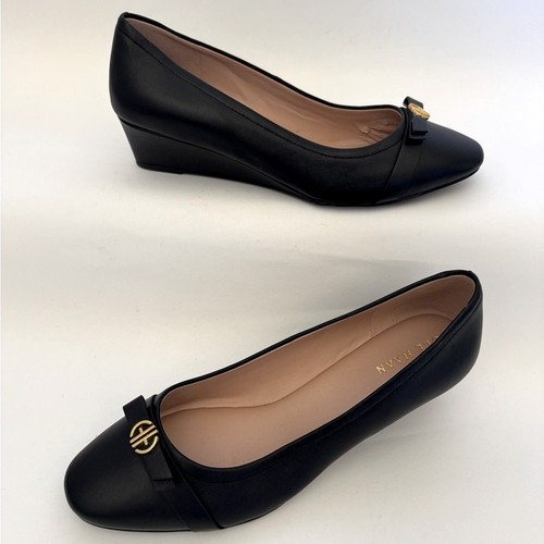 Cole Haan Malta Leather Slip-On Gold-Tone Logo Wedge Heel Pump Shoe Black 9 NWOB - Picture 6 of 10