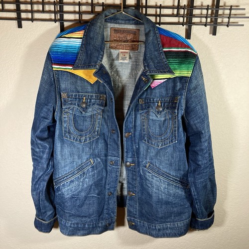 True Religion Denim Jacket Johnny Baja Western Trucker 3XL Blue Embroidered - Picture 1 of 9