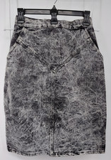 Vtg WEAR 80s Black Acid Wash Denim Midi Pencil Skirt Slit 25" Waist Jr Size 9