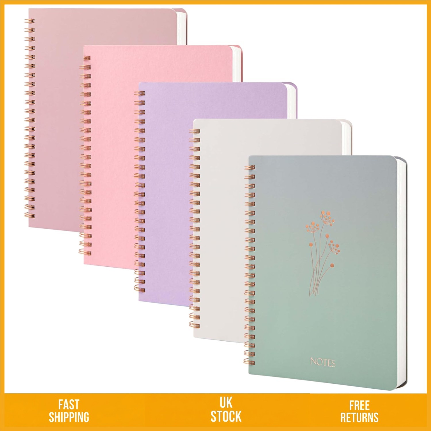 A5 Spiral Lined Journal Notebook Double Pocket 100gsm 80 Sheets 5 Pk