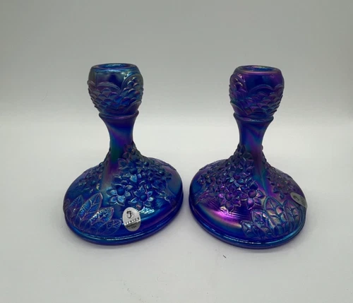 Fenton Art Glass Blue Carnival Candlestick Holders Pair