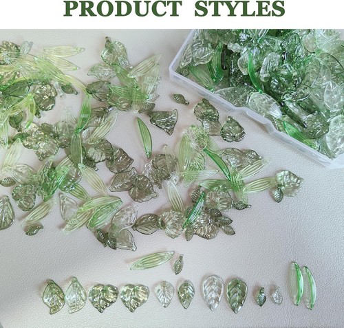 Surtido de cuentas de hojas verdes para hacer joyas - 120 piezas dijes artesanales acrílicos a granel - Imagen 3 de 7