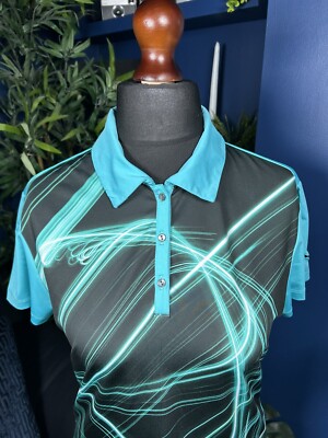 Puma Damen Golfshirt UK 12 schwarz grün Wirbel Dry Cell Knöpfe kurzarm