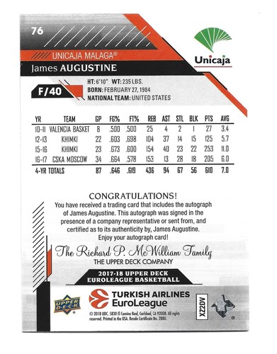 James Augustine AUTOGRAPH 2017-18 Upper Deck Euroleague #76 AUTO Basketball - Picture 2 of 2