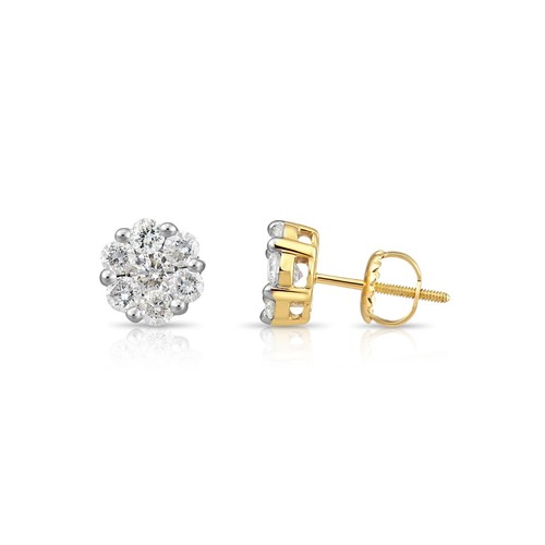 14K Real Solid Gold 1Ct Natural Round Diamond Cluster Flower Halo Stud Earrings - Picture 7 of 9