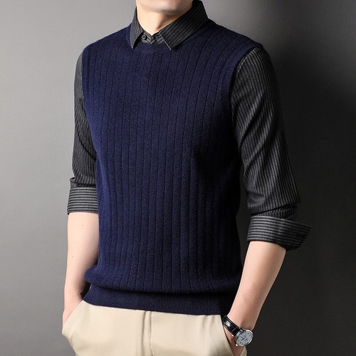Winter Men Fake Two Pieces Slim Fit Sweaters Thickened Warm Pullover Knit Shirt - Picture 14 of 16