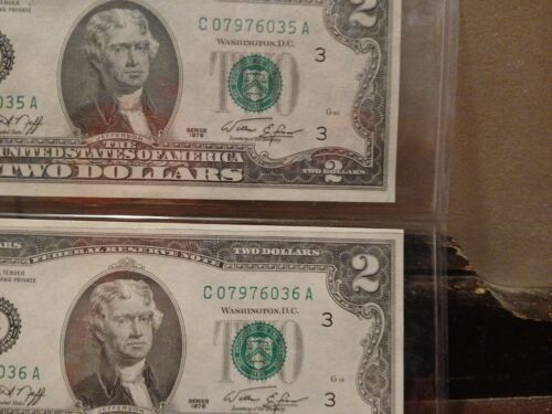 2-1976 2 dollar bills with Sequential Numbers USA Currency - Picture 3 of 9