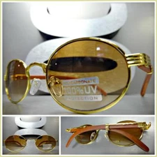 Men's Classy Sophisticated SUN GLASSES Oval Gold & Wood Wooden Frame Honey Lens