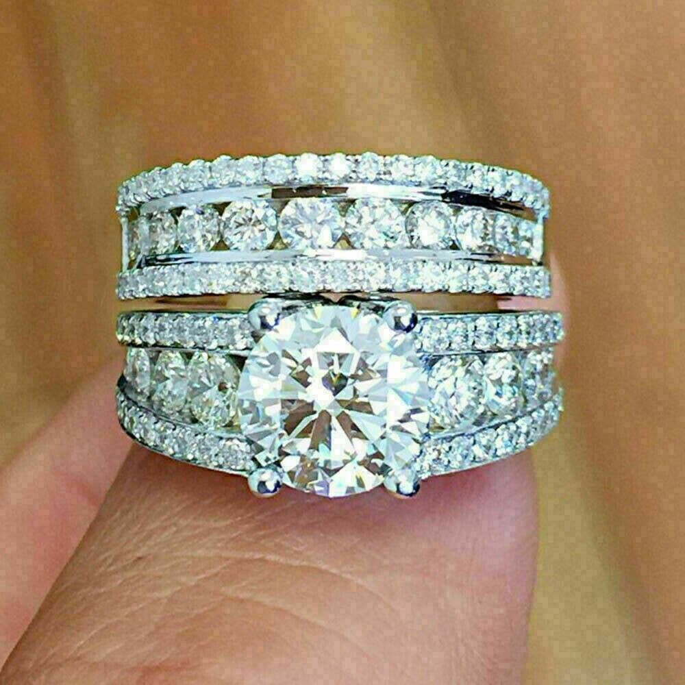 3 Ct Round Cut Real Moissanite Engagement Bridal Ring Set 14k White Gold Plated 3 Ct Round Cut Real Moissanite Engagement Bridal Ring Set 14k White Gold Plated