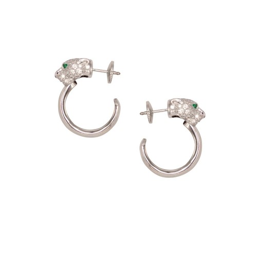 Authentic Cartier Panthere 18k White Gold Emerald and Diamond Hoop Earrings - Picture 2 of 4